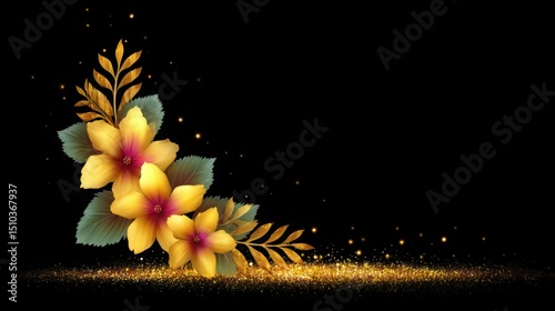 Bold gold floral embossing over rich black background with subtle glow effects-