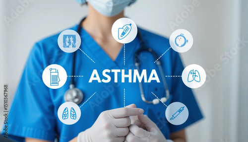Doctor using virtual touch screen presses word ASTHMA. Asthma Disease Risk Factors Symptoms Treatment Medical Concepts