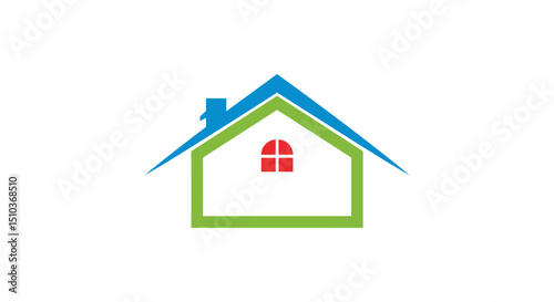 Stylized House Outline with Blue Roof Green Frame and Red Window