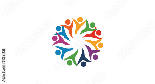 Colorful Abstract People Circle with Raised Arms and Hands