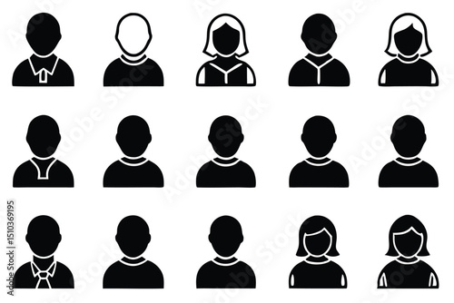Minimalist black and white iconography of male and female silhouetted avatar portraits