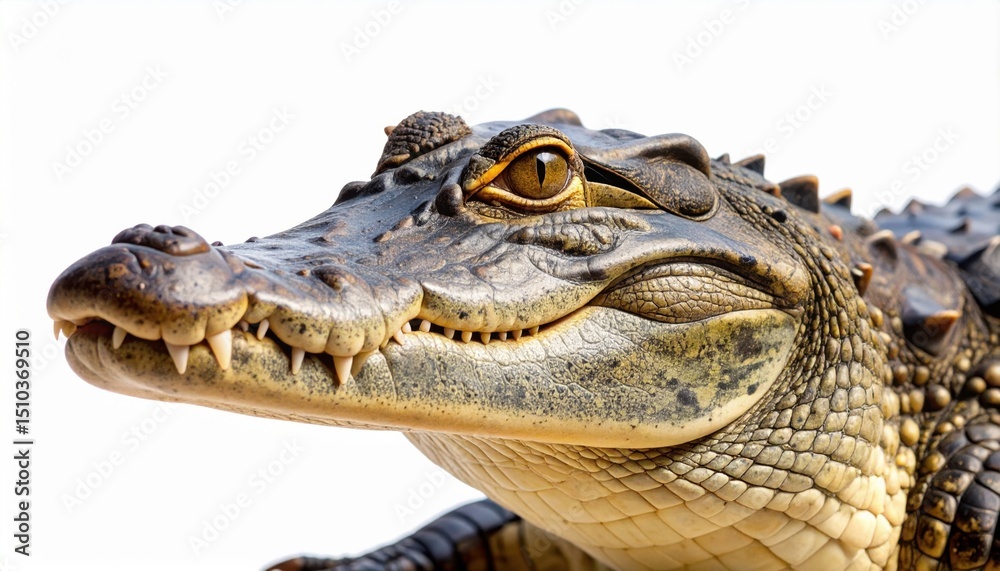 Obraz premium Close-up shows a captivating alligator with detailed skin, powerful jaws, and teeth against a bright white backdrop, embodying strength and nature's marvel.
