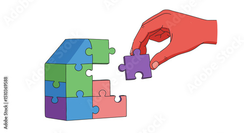 Hand placing a purple puzzle piece into a colorful puzzle structure