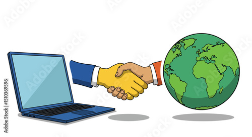 Global Business Deal Laptop Handshake and Earth Globe Illustration
