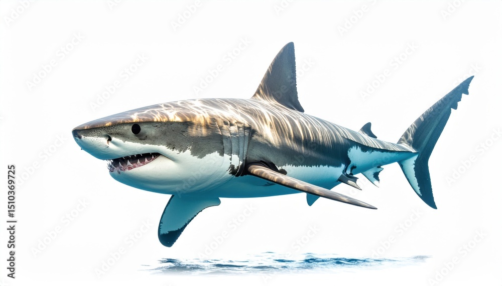 Fototapeta premium A majestic great white shark gracefully swims in the clear ocean waters, showcasing its powerful physique and teeth in a captivating underwater scene.
