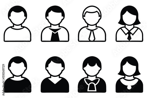 Vector illustration of various male and female avatar icon designs in black and white