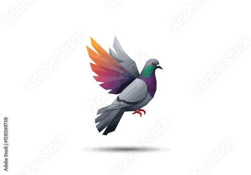 Polygonal Pigeon with Colorful Wings in Flight