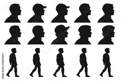 Silhouettes of various male profiles and walking figures in black and white illustration