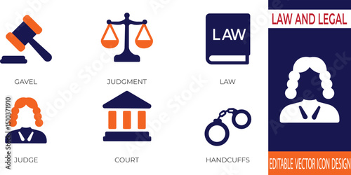 A professional collection of law and legal vector icons including symbols for courtrooms, justice, contracts, lawyers, and legal processes. Ideal for law firms, legal presentations, and judicial