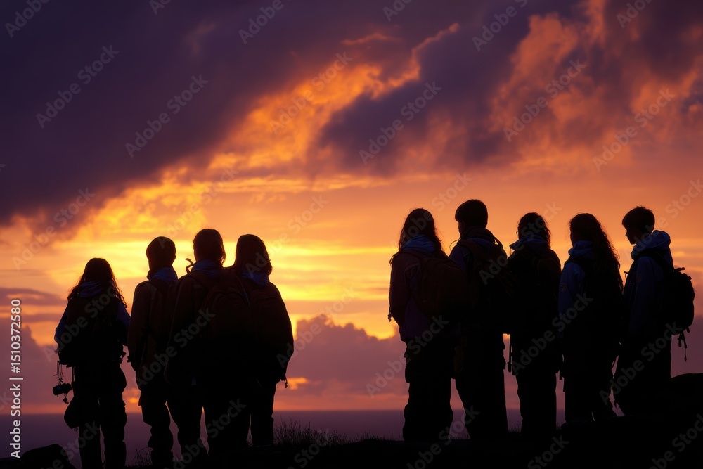 Fototapeta premium Group of hikers appreciating a breathtaking sunset view over the horizon while silhouetted against a colorful sky, symbolizing adventure and connection with nature.