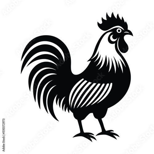 A striking black silhouette of a rooster with detailed feather patterns, perfect for farm-themed designs