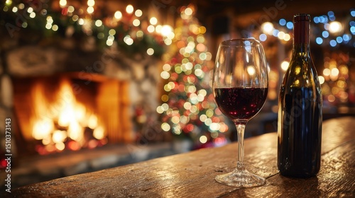 Elegant Red Wine Glass and Bottle on Wooden Table by Cozy Fireplace