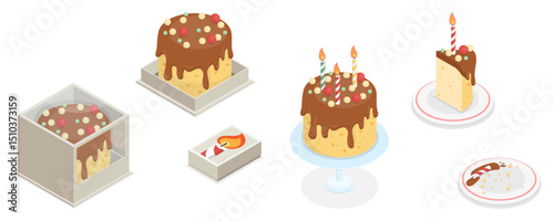 Birthday cake set. Cake in cardboard delivery box, candles, slice of cake on a plate, crumbs. Sweet food and dessert clipart. 3d vector isometric illustration isolated on white background