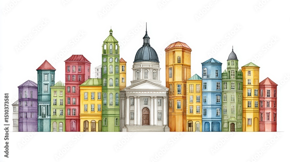 Fototapeta premium Colorful watercolor city skyline featu buildings in various styles art.