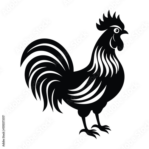 A striking black silhouette of a rooster with detailed feather patterns, perfect for farm-themed designs