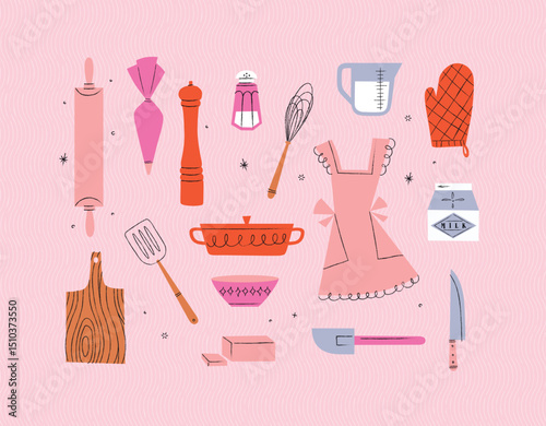 Kitchen utensils rolling pin, pastry bag, pepper grinder, whisk, measurable cup, oven mitts, spatula, pan, bowl, butter, knife drawing in vintage style on pink background