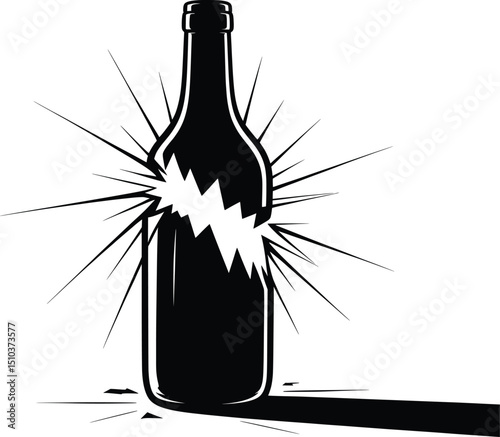 Broken Glass Bottle Silhouette, Black and White Shattered Bottle Illustration.