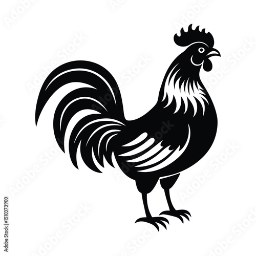 A striking black silhouette of a rooster with detailed feather patterns, perfect for farm-themed designs