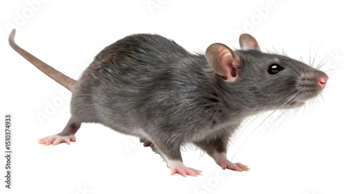  Curious gray rat isolated on transparent background 
