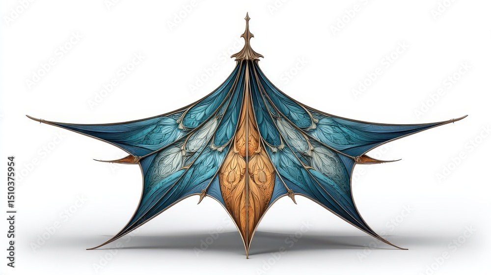 Fototapeta premium Ornate canopy structure with blue and gold designs sits on white backdrop.
