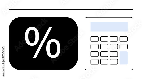 Percentage symbol and detailed calculator suggesting financial computation and budgeting. Ideal for finance, accounting, calculation, analysis, budgeting, economics, education. Flat simple metaphor