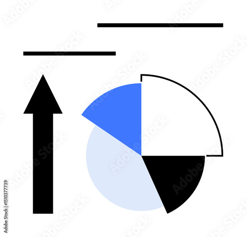 Upward arrow next to a segmented pie chart and horizontal bars portraying data, progress, and analysis. Ideal for business, statistics, growth, strategy, success, finance flat simple metaphor