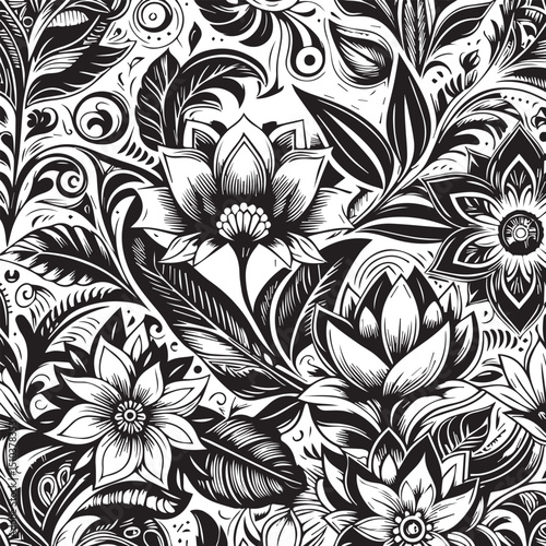 Wallpaper Mural Seamless Floral Pattern Vector in Classic Black & White Torontodigital.ca