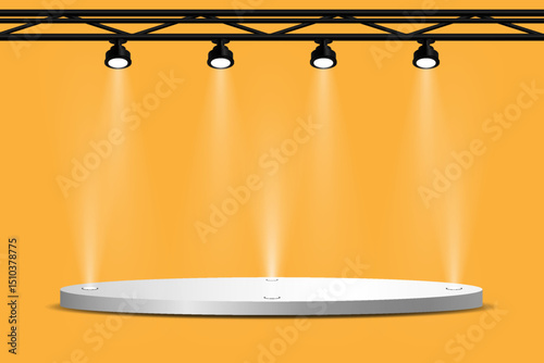 Glowing spotlights and stage and podium lighting.