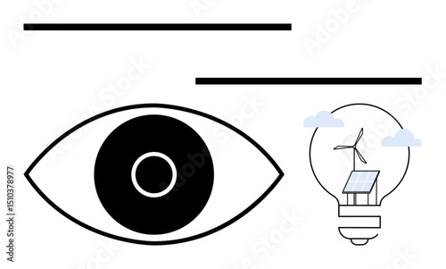 Eye symbol paired with a light bulb containing solar panels, a wind turbine, and clouds. Ideal for sustainability, vision, innovation, clean energy, technology, environment simple landing page