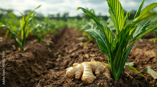 Fresh ginger root growing in a lush agricultural field, rich soil, green leaves, natural lighting, high detail