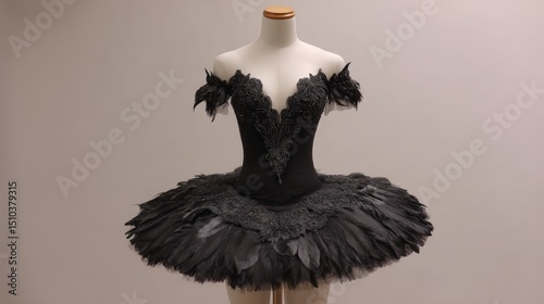 Elegant black ballet tutu with feather details on mannequin