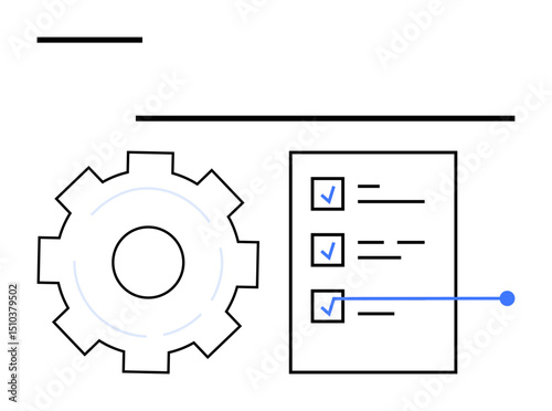 Gear next to checklist with checkmarks symbolizing process automation, task completion, and productivity. Ideal for workflow, planning, software, engineering, teamwork, organization simple landing