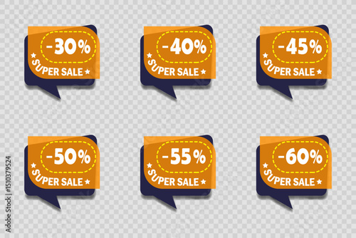 Set of discount stickers, price tags with percentages.