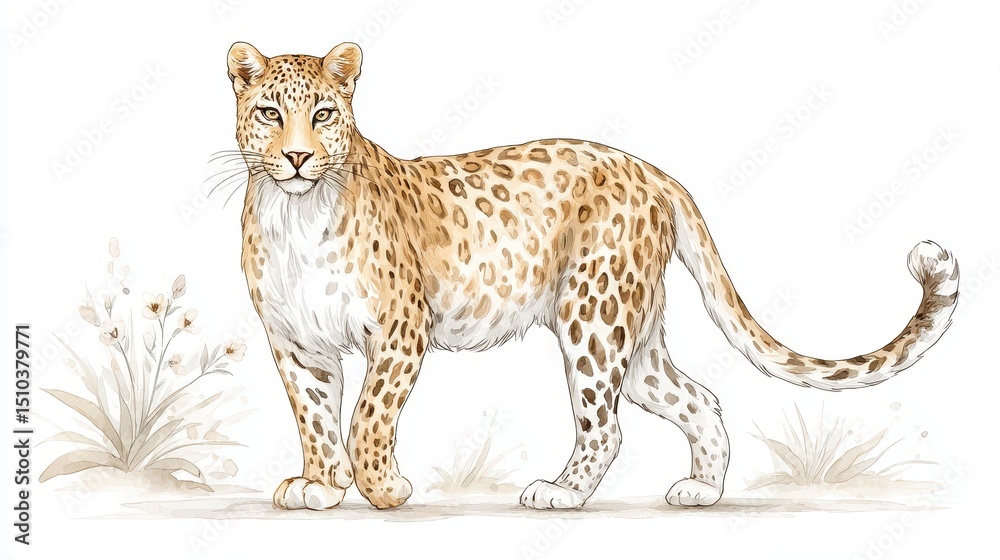 Obraz premium Watercolor leopard stands confidently with floral details on white page.