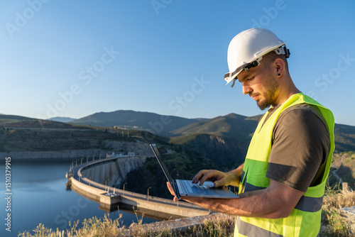 Tableau sur toile Engineer working with laptop at hydroelectric power plant dam