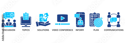 Meeting icon set vector illustration concept relate to business meeting and discussion with communications, topics, solutions, plan, inform and video conference icon