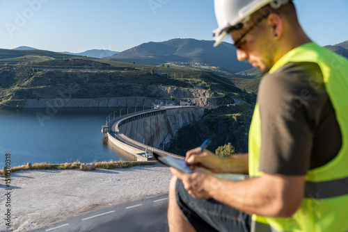 Bild auf Leinwand Engineer inspecting a hydroelectric power plant dam for renewable energy