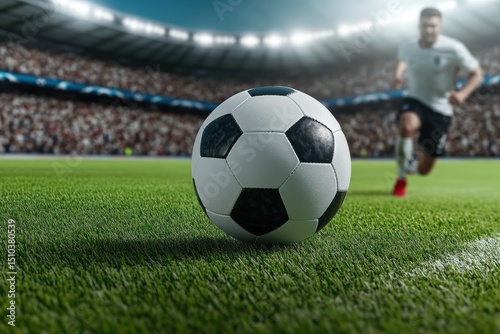 Football ball on the grass with player in motion during a lively match in a stadium
