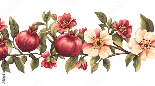 High-quality vector illustration of ripe pomegranate fruits, vibrant flowers, and lush green leaves