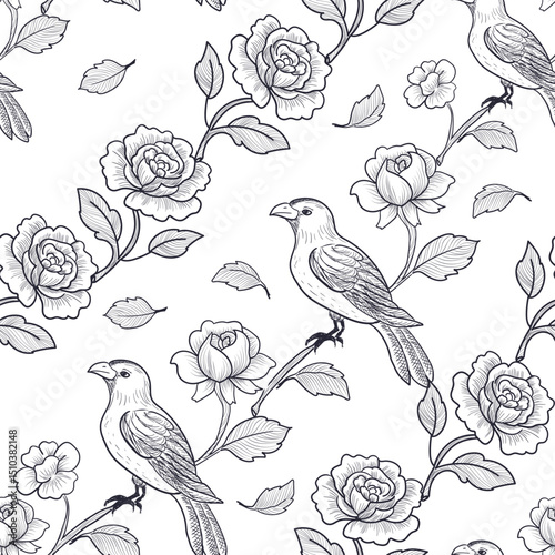 Garden flowers roses, bird on branch and leaves. Floral vintage seamless pattern. Black and white. Victorian style. Vector illustration. Template for rich textiles, paper, wallpaper.
