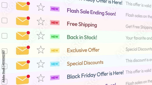 Sales and promotions email list scrolling 4k animation, free shipping, marketing, business strategy. E-commerce, online shopping, email marketing, Special discount mail.