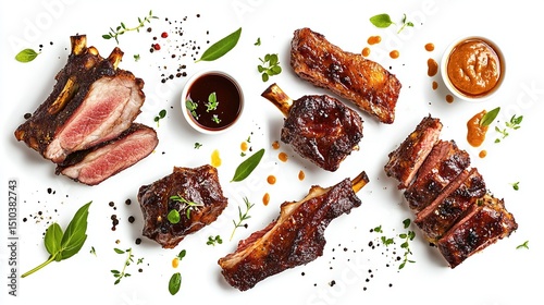 Overhead view of several pieces of cooked ribs, various angles, garnished with herbs and spices, and a small bowl of sauce