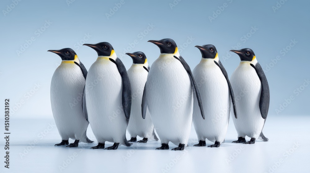 Fototapeta premium Group of Emperor Penguins Standing Together on a Blue Background