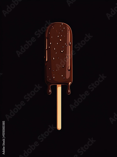 Vector flat illustration of a chocolate ice cream bar on a stick, against a black background