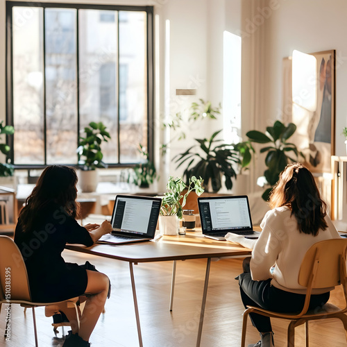 Two Women Working on Laptops, Office Illustration