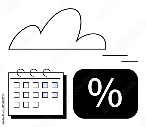 Cloud above, calendar with highlighted dates, and percentage block, representing efficiency, planning, and metrics. Ideal for scheduling, storage, data analysis finance savings productivity