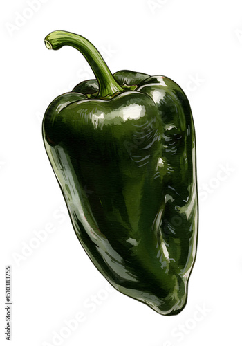 A vibrant green poblano pepper shines its slick surface reflecting light against a muted green backdrop