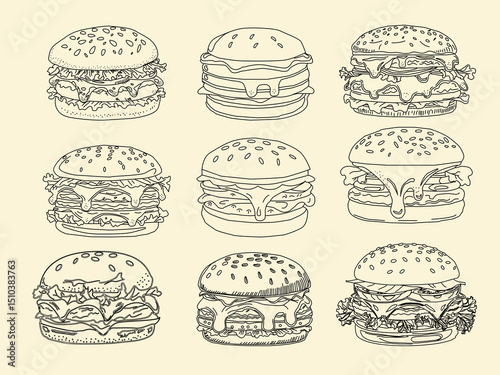 doodle burger pattern background.set of  doodle fast food burger. Burger  seamless pattern background. seamless pattern of hamburger in doodle style. Seamless Pattern of a Cheese Burger or Hamburger