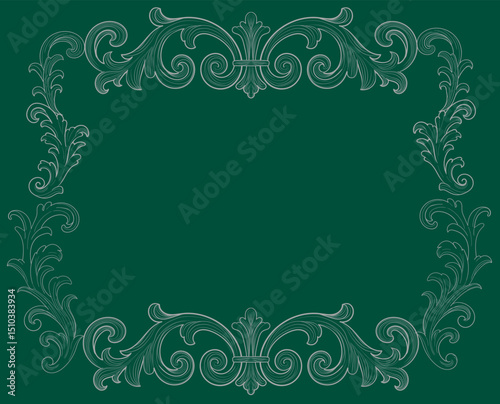 Horizontal Frame of ornate vintage Victorian style. dark green classic calligraphy swirls. Design print for greeting cards, wedding invitations, restaurant menu, royal certificates. Vector hand drawn.