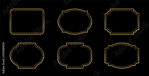 Vintage frames set isolated on black background. Decorative gold frame. Fashionable ornate frames for wedding invitations, greeting cards, prints.